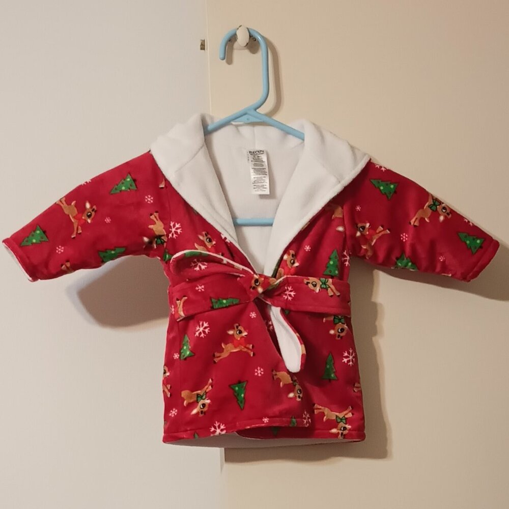 EUC~ Rudolph The Red Nose Reindeer Unisex Plush Hooded Baby Bathrobe, 0-9 Months